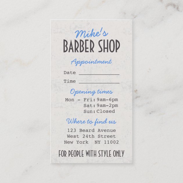 Barbershop blue stripes barber retro illustration appointment card (back side)