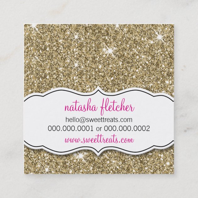 MODERN SWEET cute cupcake bakery pink gold glitter Square Business Card (back side)