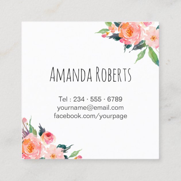 Modern Classy Watercolor Floral Personalized Square Business Card (back side)
