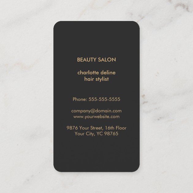 Modern Elegant Chic Faux Gold Black Hair Stylist Business Card (back side)