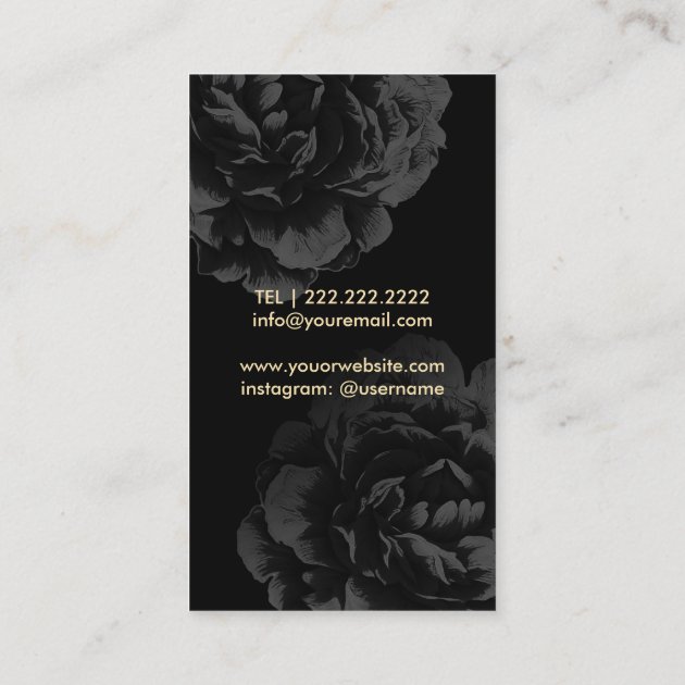 Hair Stylist Gold Scissor Logo Classy Black Floral Business Card (back side)
