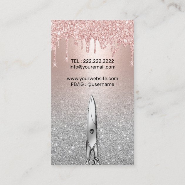 Hair Stylist Rose Gold Drips Silver Glitter Salon Business Card (back side)