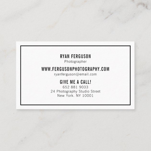 Modern minimalist chic white photography photo business card (back side)