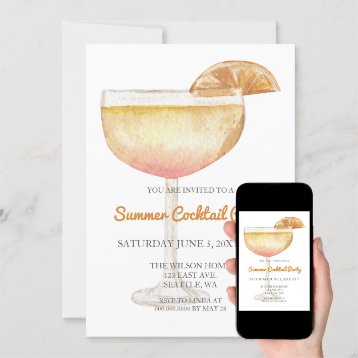 Trendy Simple Modern Summer Cocktail Party Invitation