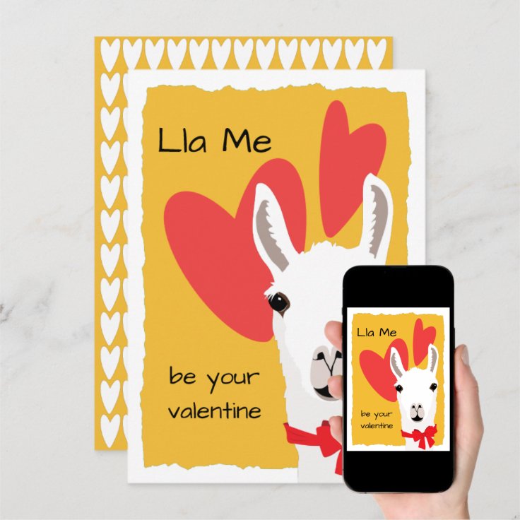 Llama Red Hearts Mustard-Lla Me be your valentine Holiday Card