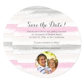 Pink and Gray Watercolor Stripes Save the Date Card