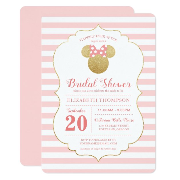 Minnie Mouse | Gold & Pink Striped Bridal Shower Invitation