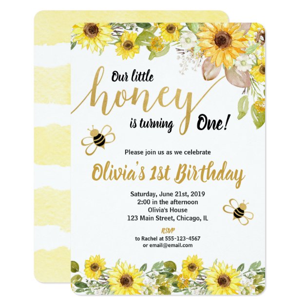 Bumble bee sunflowers birthday invitation girl