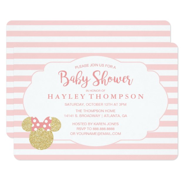 Minnie | Pink Striped Gold Glitter Baby Shower Invitation