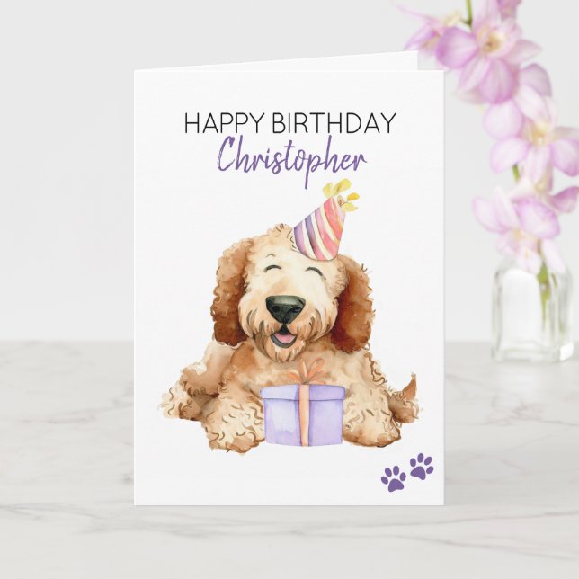 Labradoodle Dog Personalized Happy Birthday Card (Orchid)