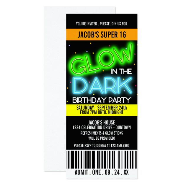 Glow in the Dark Super 16 Party Invitation