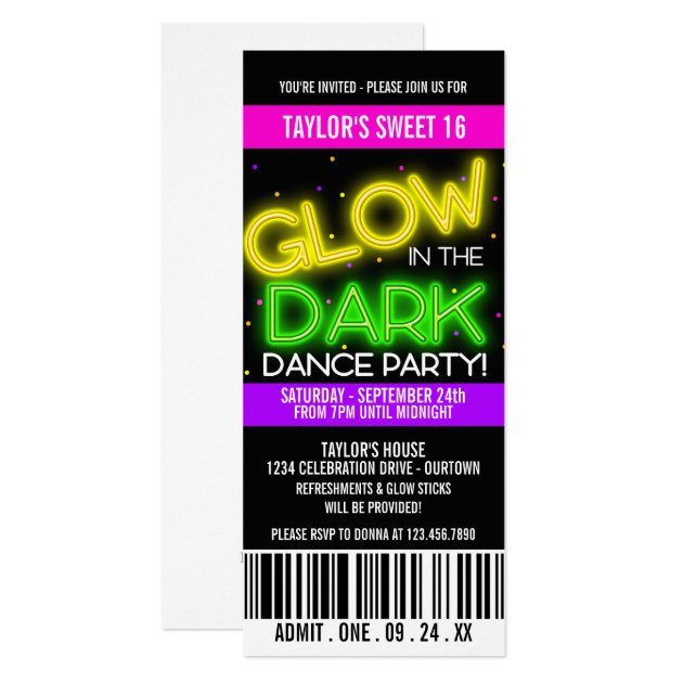 Glow in the Dark Sweet 16 Party Invitations