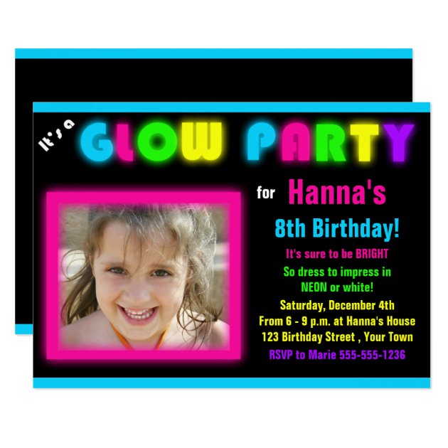 Glow Party Birthday Invitation Custom Photo