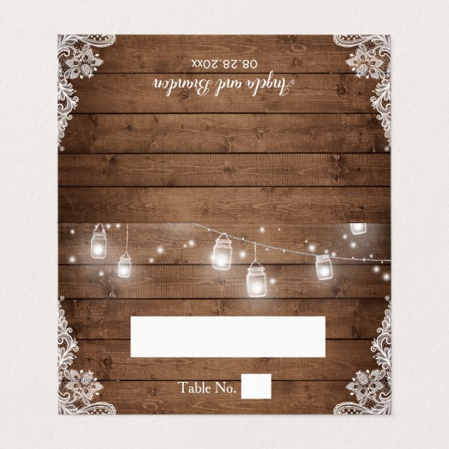 Rustic Wood Mason Jar String Lights Lace Wedding Place Card