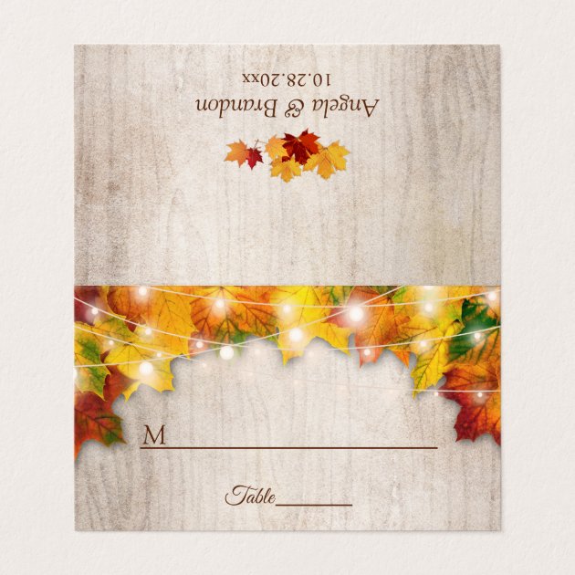 Rustic Autumn Leaves String Lights Wedding Table Place Card