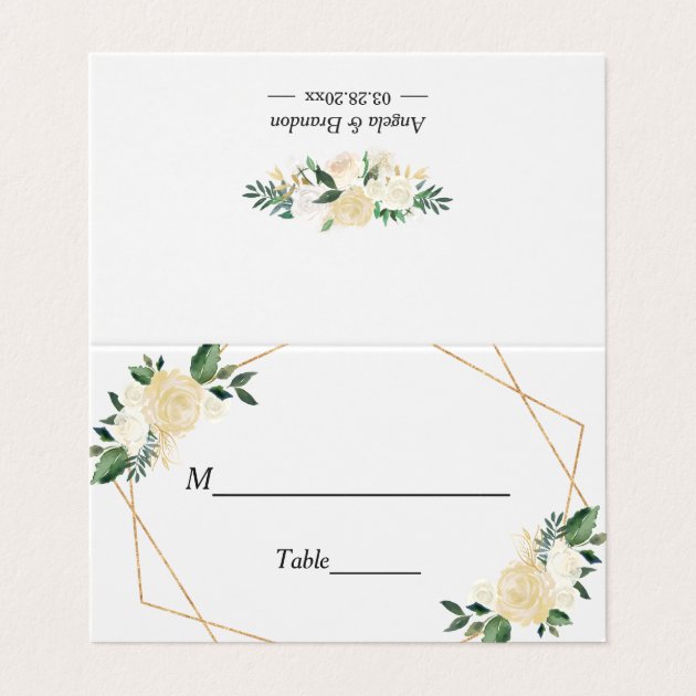 Modern Greenery Gold Ivory Floral Wedding Table Place Card