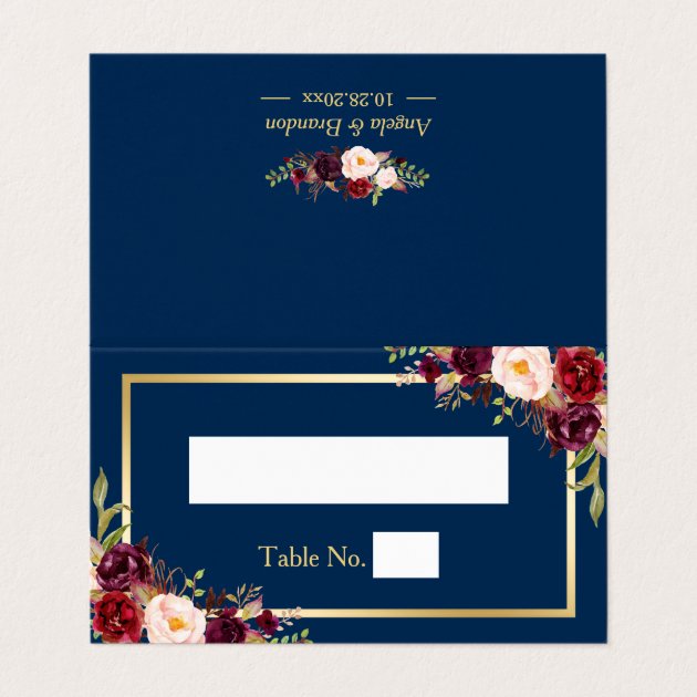 Burgundy Red Floral Navy Blue Gold Frame Wedding Place Card