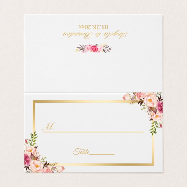 Elegant Chic Blush Pink Floral Gold Frame Wedding Place Card