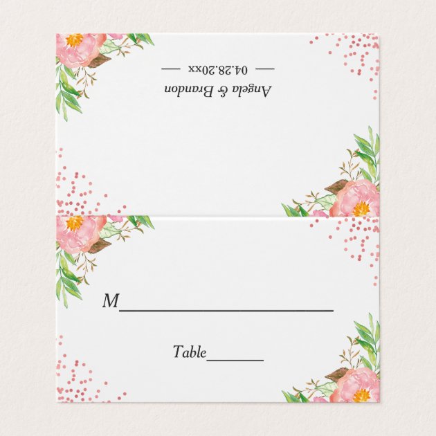Elegant Chic Pink Floral Confetti Wedding Table Place Card