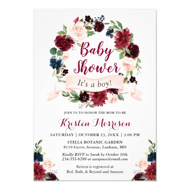 Burgundy Blue Floral Wreath Ribbon Baby Shower Invitation