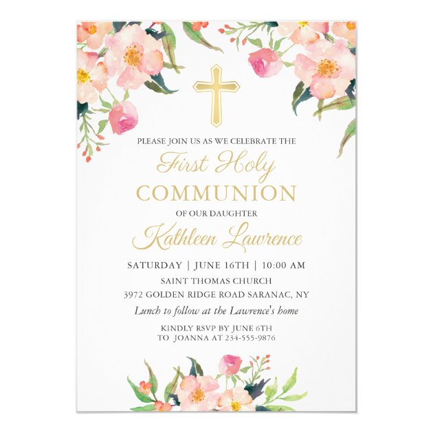 Pink Floral Girl First Holy Communion Invitation