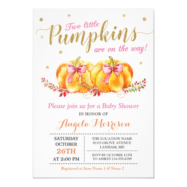 Twin Girl Baby Shower Cute Pink Little Pumpkin Invitation