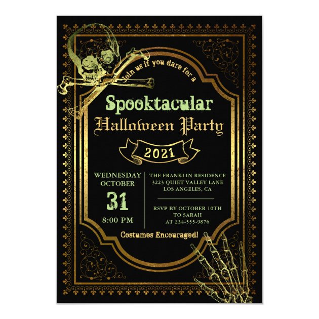 Gothic Black & Gold Skull Halloween Costume Party Invitation