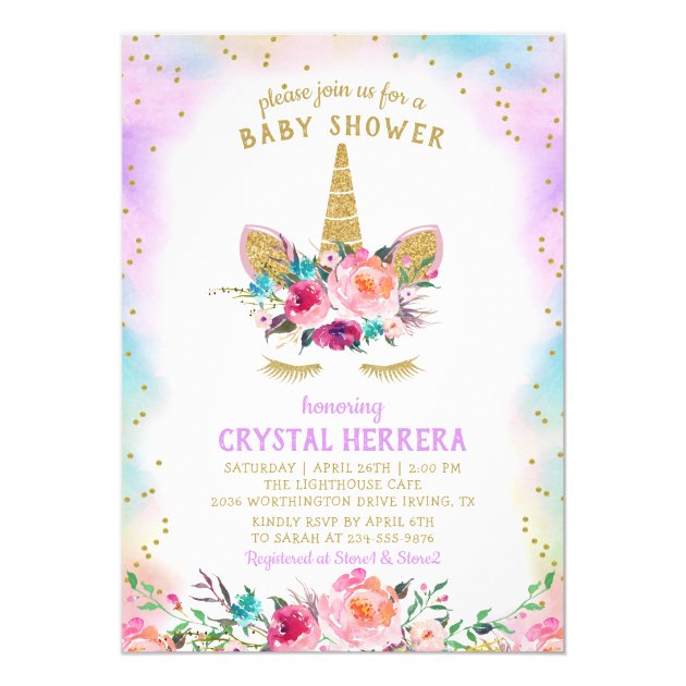 Pink & Gold Unicorn Beautiful Floral Baby Shower Invitation