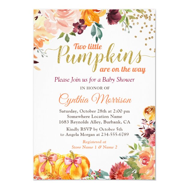 Twins Pumpkin Baby Shower Burgundy Fall Floral Invitation