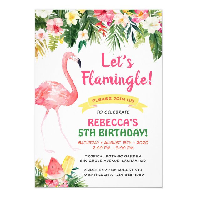 Let's Flamingle Floral Summer Kids Birthday Party Invitation