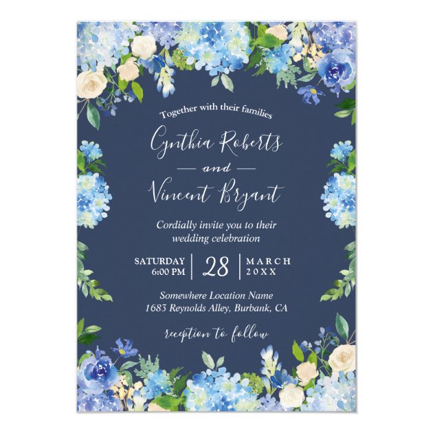 Navy Blue Hydrangeas Floral Romantic Wedding Card (front side)