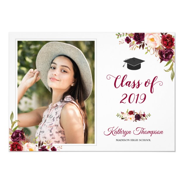 Burgundy Red Floral Grad Photo Graduation Party Card