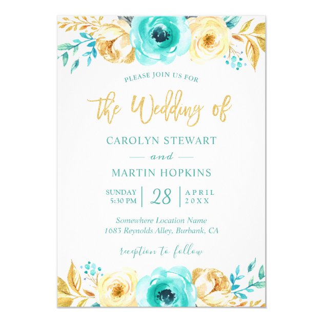 Turquoise Mint Gold Floral Romantic Chic Wedding Card (front side)