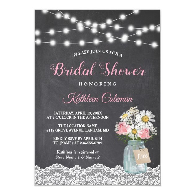 Chalkboard String Lights Floral Jar Bridal Shower Card
