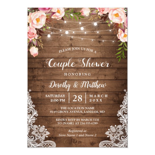 Rustic String Lights Lace Floral Couple's Shower Card