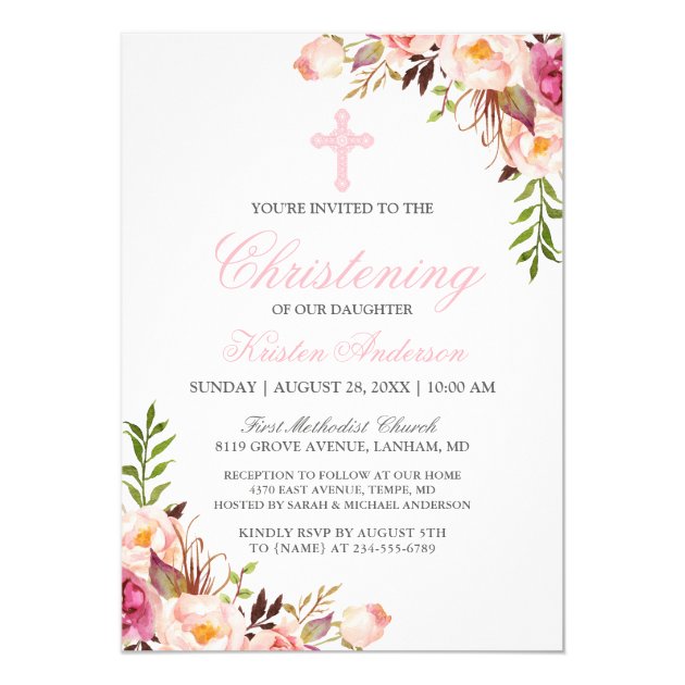 Elegant Chic Pink Floral Christening Baptism Card (front side)