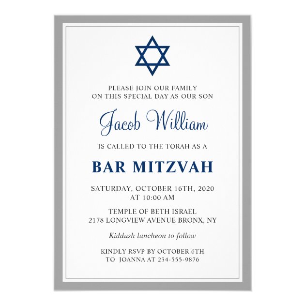 Elegant Gray And Navy Blue Bar Mitzvah Invitation
