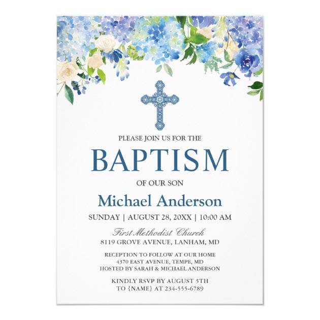 Boy Baptism Blue Hydrangea Watercolor Floral Invitation