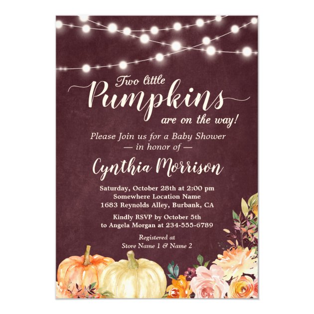 Pumpkin Twins Baby Shower String Lights Floral Invitation