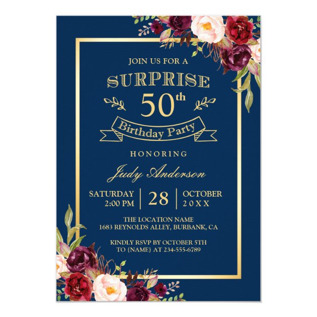Burgundy Floral Gold Navy Surprise Birthday Party Card (front side)