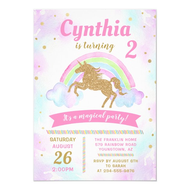 Magical Rainbow Gold Unicorn Birthday Invitation