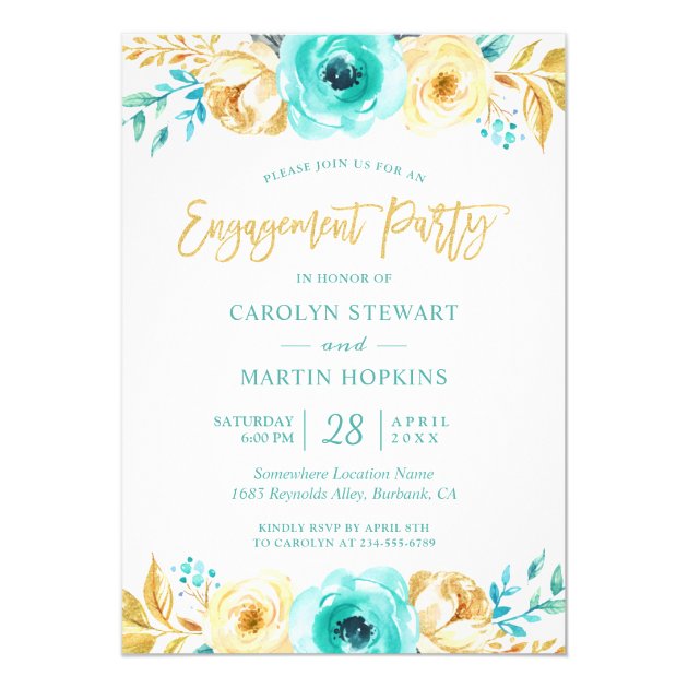 Turquoise Gold Floral Romance Engagement Party Card (front side)