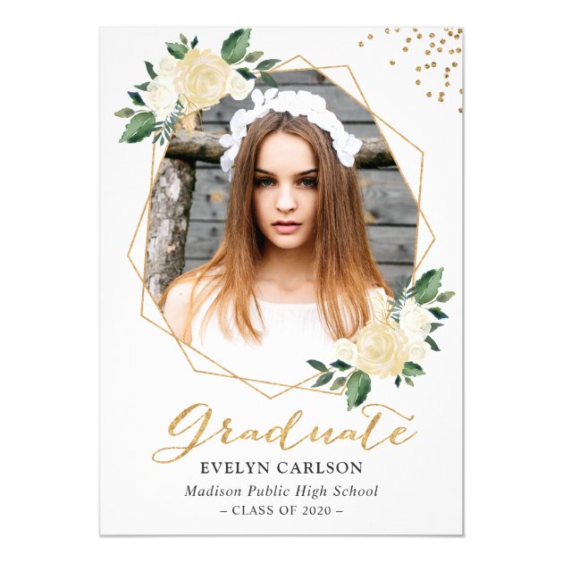 Nature Green Gold Floral Photo Graduation Party Card