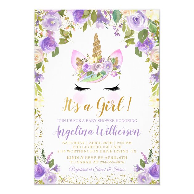 Gold Purple Floral Unicorn Baby Shower Invitations