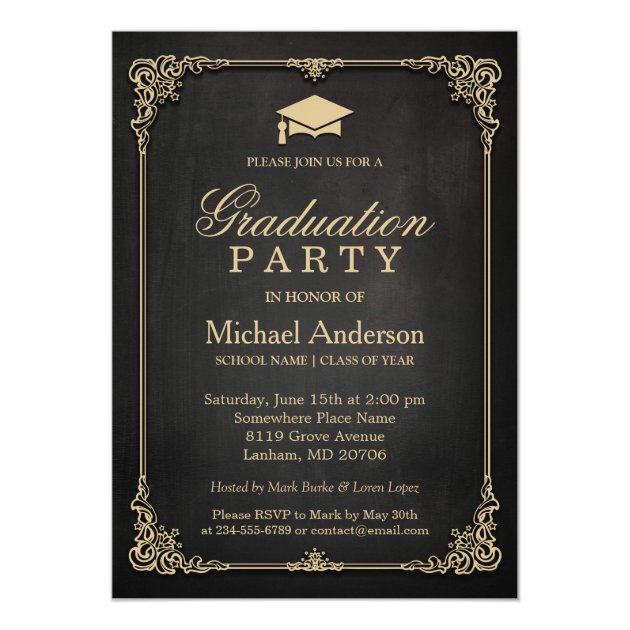Elegant Black Gold Vintage Frame Graduation Party Invitation