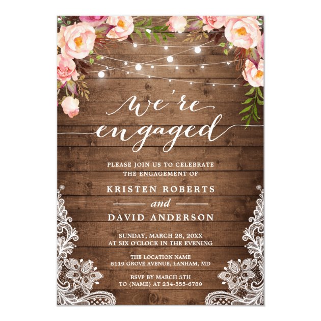 We're Engaged Rustic Floral Lace Engagement Party Card (front side)