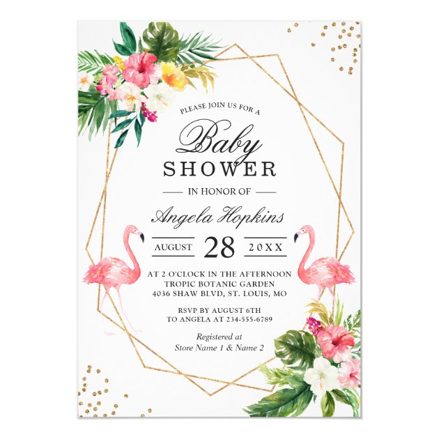 Twin Girls Baby Shower Tropical Floral Flamingos Invitation