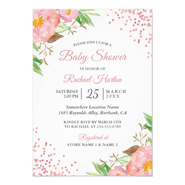Blush Pink Watercolor Floral Chic Bridal Shower Card (front side)