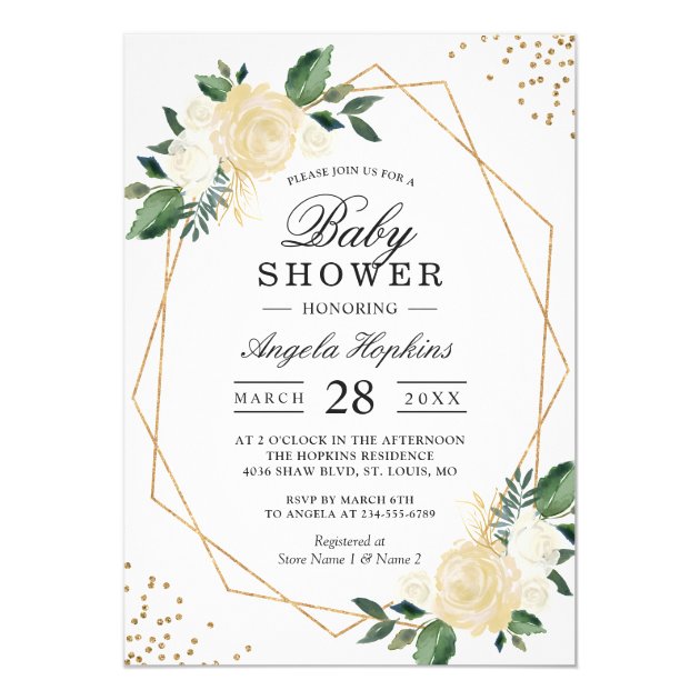 Gold Glitters Greenery Floral Baby Shower Brunch Invitation