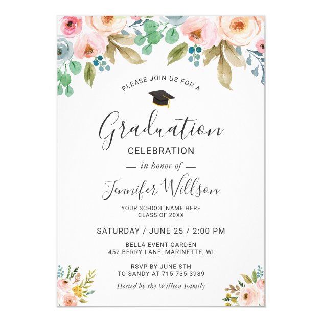 Watercolor Floral Girly Photo Graduation Party Card